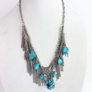 Silver Tone Turquoise Chunky Fringe Boho Necklace